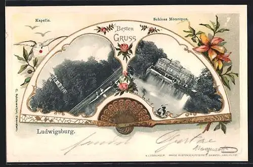 Passepartout-Lithographie Ludwigsburg / W., Kapelle und Schloss Monrepos, Fächer und Brieftaube
