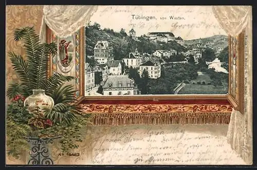 Passepartout-Lithographie Tübingen, Blick von Westen, Fenster mit Vorhang