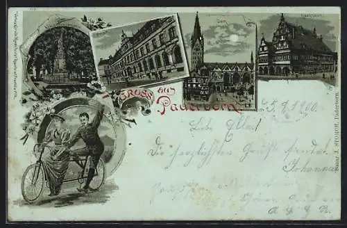 Mondschein-Lithographie Paderborn, Post, Kriegerdenkmal und Rathaus