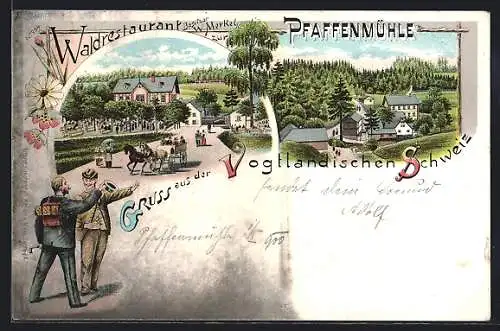 Lithographie Jocketa i. Vogtl. Schweiz, Waldrestaurant Pfaffenmühle, Bes. W. Merkel