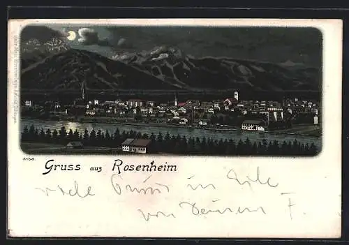 Lithographie Rosenheim, Panorama mt Gebirge