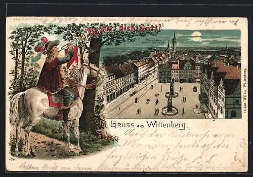 Lithographie Wittenberg / Elbe, Panoramablick vom Stadtthurm aus, Trompeter von Säckingen Behüt Dich Gott!