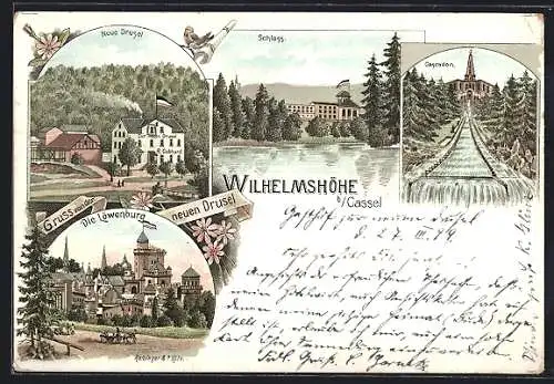 Lithographie Kassel, Neue Drusel mit Haus Zur neuen Drusel, Löwenburg, Schloss