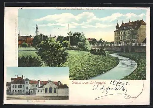 AK Erlangen, Elctricitätswerk, Blick auf die Essenbacher Brücke