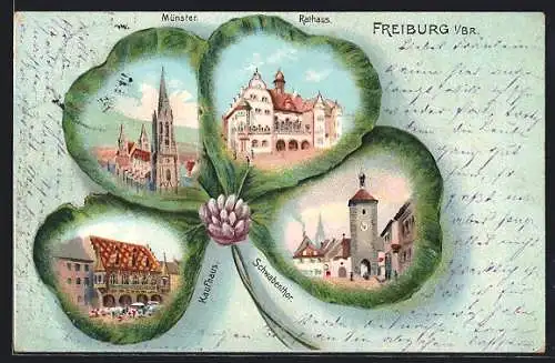 Künstler-AK P.O.Engelhard (P.O.E.): Freiburg / Breisgau, Münster, Kaufhaus, Schwabenthor, Rathaus, Kleeblatt