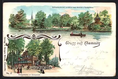 Lithographie Chemnitz, Waldschänke im Zeisigwald, Schlossteichinsel mit Blick nach Schloss u. Taubenhaus