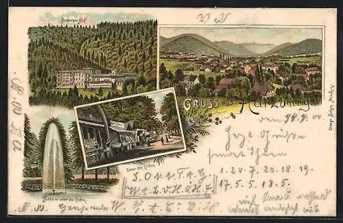 Lithographie Harzburg, Hotel Harzburger Hof und Fontaine unter den Eichen