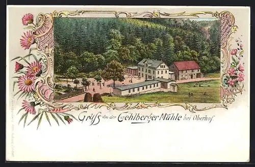 Lithographie Oberhof / Th., Gehlberger Mühle aus der Vogelschau