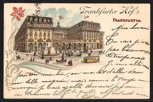 Lithographie Frankfurt a. M., Strassenbahn am Grand Hotel Frankfurter Hof