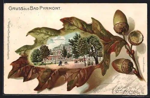 Passepartout-Lithographie Bad Pyrmont, Neues Kurhaus, Eichenzweig