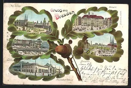 Passepartout-Lithographie Dresden-Neustadt, Kgl. Zwinger, Haupt-Bahnhof, Postplatz