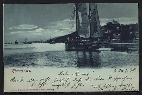 Mondschein-AK Hamburg-Blankenese, Segelschiff vor dem Ort
