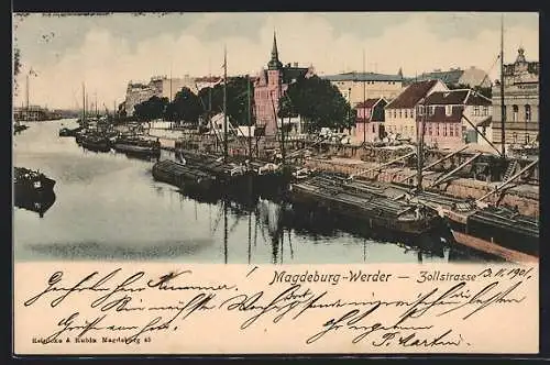 AK Magdeburg-Werder, Zollstrasse mit Segelschiffen