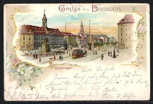 Lithographie Dresden, Haupstrasse mit Denkmal und Strassenbahn