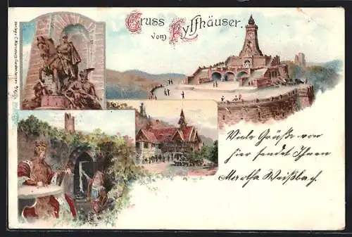 Lithographie Kyffhäuser, Gastwirtschaft zum Kyffhäuser, Kaiser-Wilhelm-Denkmal und Barbarossa