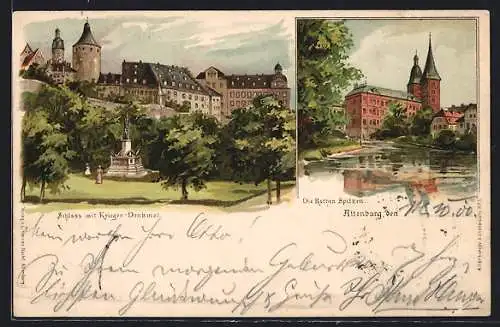 Lithographie Altenburg / S.-A., Die Rothen Spitzen, Schloss mit Krieger-Denkmal