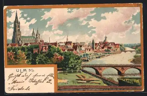 Lithographie Ulm / Donau, Teilansicht mit Brücke