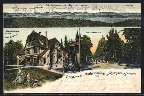 AK Esslingen / Neckar, Waldschenke zu den drei Linden, Römerstrasse & Alb-Panorama von d. Kurhausanlage Jägerhaus gesehen