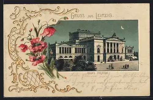 Lithographie Leipzig, Blick zum neuen Theater