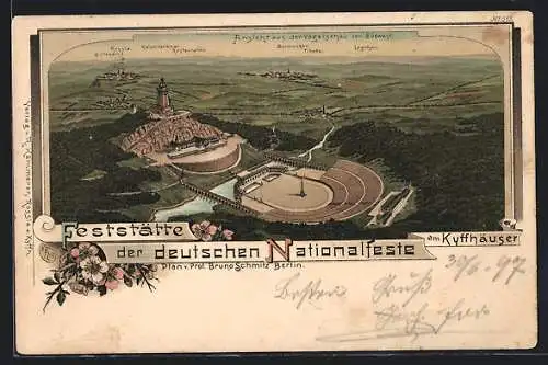 Lithographie Tilleda /Kyffhäuser, Feststätte der deutschen Nationalfeste mit Restaurant, Logierhaus u. Kaiserdenkmal