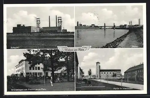 AK Walsum am Rhein, Schacht, Hafen, Grünanlagen am Franz-Lenze-Platz und Vierlinden