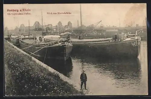 AK Homberg a. Rhein, Rheinpreussen-Hafen mit Blick zur Rheinbrücke