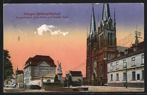 AK Solingen, Ortspartie mit Kriegerdenkmal, katholischer KIrche und Deutsche Bank