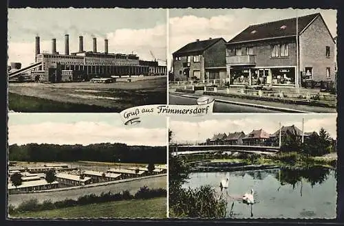AK Frimmersdorf, Fabrik, Geschäft, Blick zum Ort, Schwäne