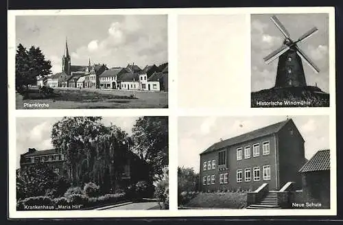 AK Stommeln /Köln, Pfarrkirche, Historische Windmühle, Krankenhaus Maria Hilf, Neue Schule