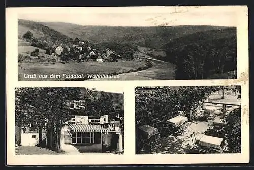 AK Fuldatal, Panorama Wahnhausen, Gasthaus zur Erholung, Gartenlokal