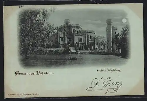 Mondschein-AK Potsdam, Schloss babelsberg mit Garten