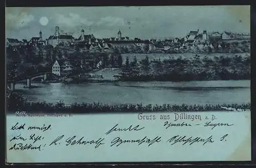 Mondschein-AK Dillingen a. D., Stadtansicht mit Flusspartie