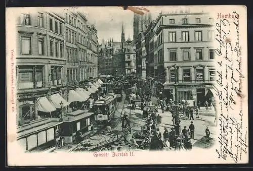 AK Hamburg, Grosser Burstah II., Strassenbahnen und Geschäftsfassaden