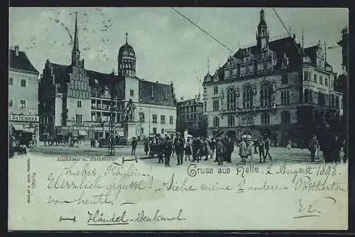 Mondschein-AK Halle / Saale, Rathhaus und Gasthaus Rathskeller