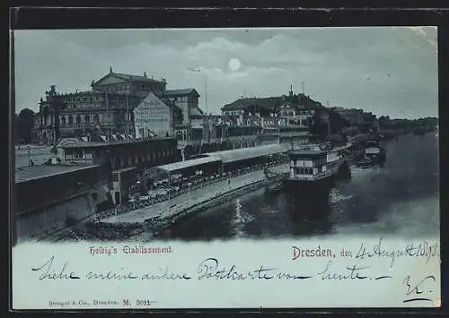 Mondschein-AK Dresden, Gaststätte Helbig`s Etablissement am Hafen