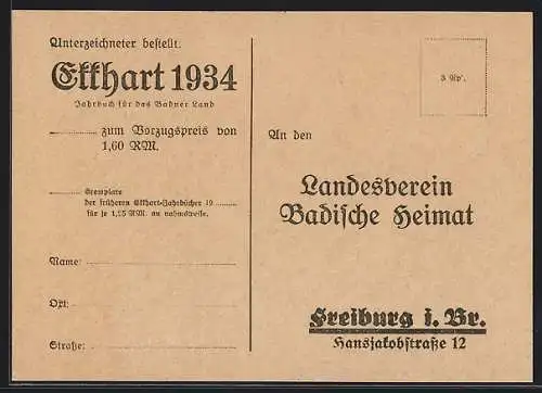 AK Freiburg i. Br., Korrespondenzkarte Etthart 1934, Hansjakobstrasse 12