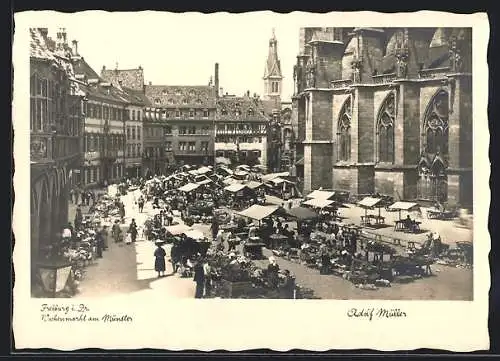 AK Freiburg i. Br., Wochenmarkt am Münster