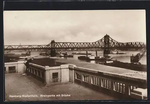 AK Homberg /Niederrhein, Rheinpartie mit Brücke