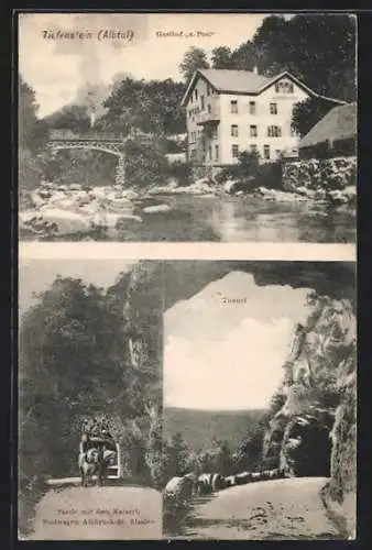 AK Tiefenstein /Albtal, Gasthof zur Post, Tunnel, Partie mit dem Kaiserl. Postwagen Albbruck-St. Blasien