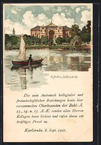 Künstler-AK K. Mutter: Karlsruhe, Schloss, Ruderboot