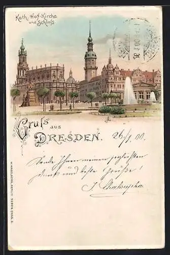 Lithographie Dresden, Kath. Hof-Kirche und Schloss, beleuchtete Fenster