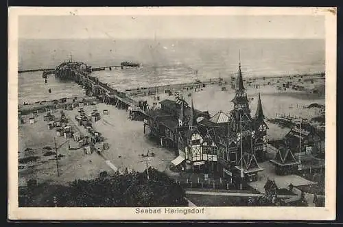 AK Heringsdorf / Seebad, Blick zum Strand, Steg und Strandkörbe
