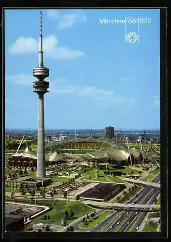 AK München, Olympiagelände mit Olympiastadion und Olympiaturm