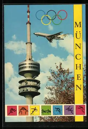 AK München, Olympia 1972, Olympiaturm mit Flugzeug