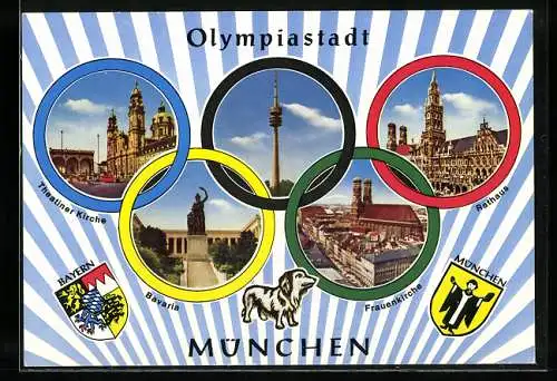 AK München, Olympia 1972, Stadtpartien in Olympiaringen, Wappen