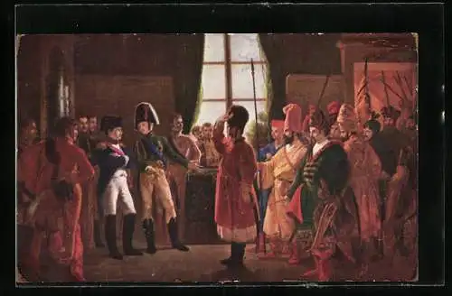 AK Alexander der Erste stellt die Kosaken die Baskirs und die Kalmuks der Russischen Armee Napoleon vor, 1807