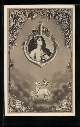 AK Darstellung eines Jünglings umrahmt von einem Anker, darunter ein Lamm mit Kreuz und Heiligenschein, Religion