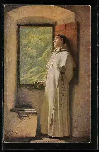 Künstler-AK Ein Sommerstrahl von Th. v. Cederström, Mönch am Fenster