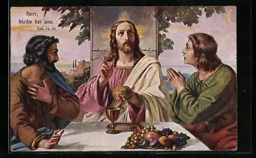 Künstler-AK Jesus mit zwei Jüngern am Tisch, das Brot segnend