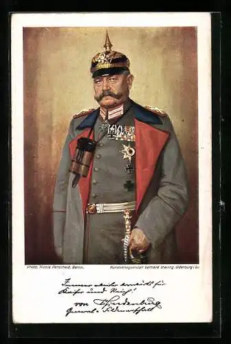 AK Paul von Hindenburg in Uniform mit Pickelhaube und Orden, Bruststern, Pour le Merite